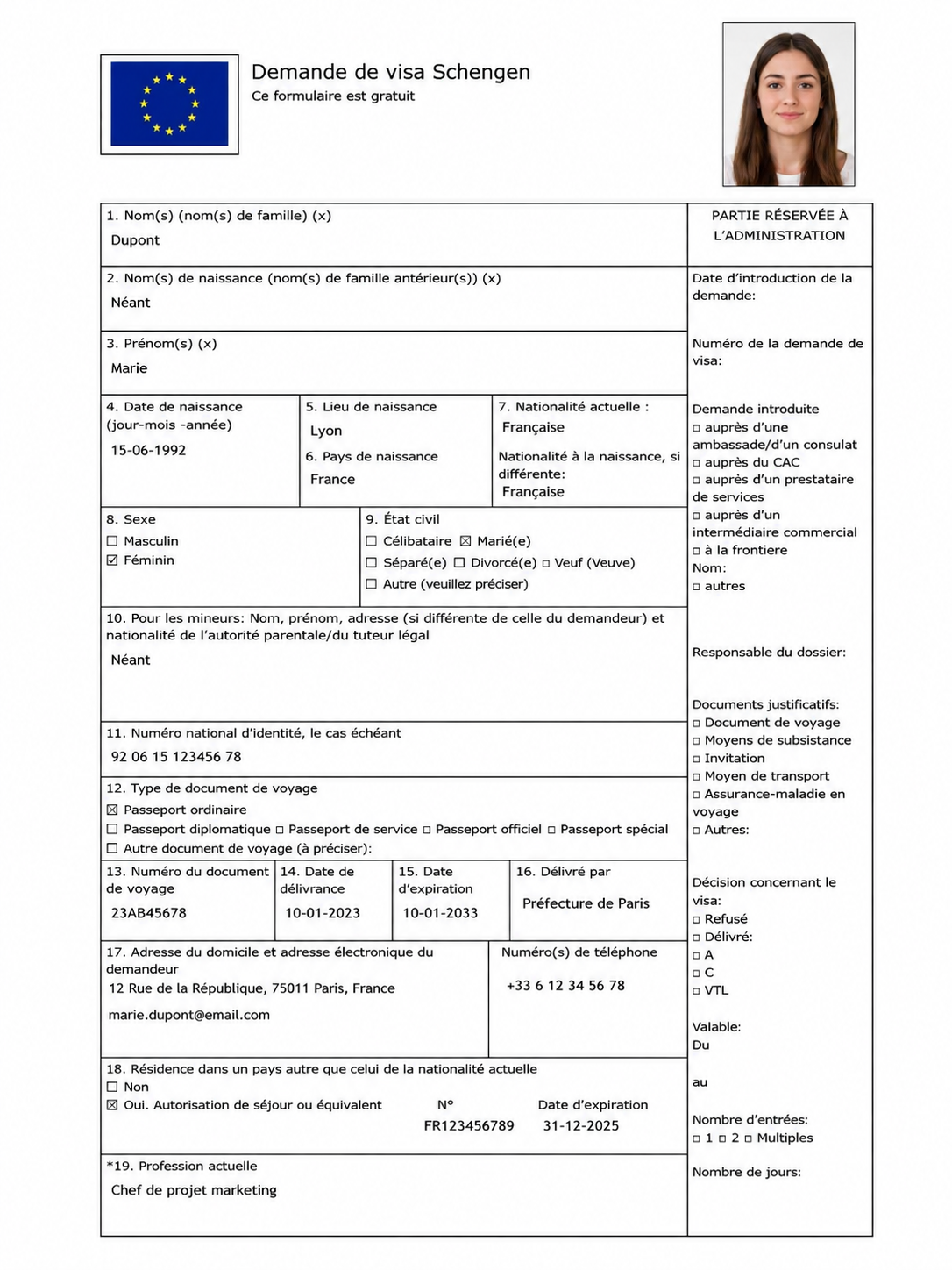 Aperçu du formulaire Schengen rempli
